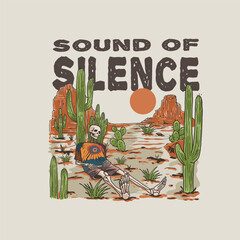 The skull is leaning in the middle of a desert with cactus trees