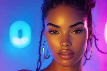 Woman with glowing skin poses against a colorful backdrop with playful lighting in an evocative mood