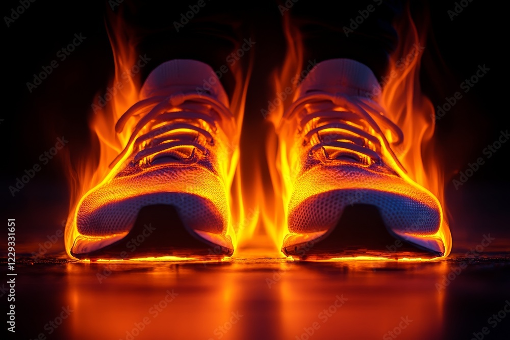 Poster stylish running shoes engulfed in flames creating a striking visual effect on a dark background