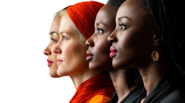 Four women from diverse backgrounds stand in profile, showcasing their unique features and expressions against a minimalist background
