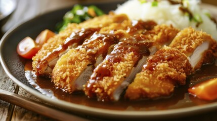 Fototapeta premium A plate of Japanese katsu with rice and curry on a wooden table, AI generated
