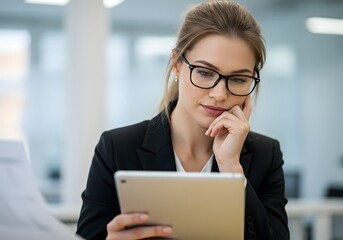 Fototapeta premium Focused woman wearing glasses focused on workflow using tablet , reviewing or analyzing information, reading reports , or engaging in digital communication. Generative AI