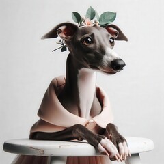 A greyhound exudes charm in a delicate outfit, complete with a floral crown. Set against a plain background, this sophisticated pet radiates elegance and poise