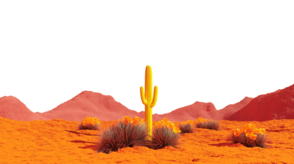 Vibrant Surreal Desert Landscape with a Glowing Yellow Cactus, Orange Sand, and Red Mountains on a Transparent Background. Cutout.