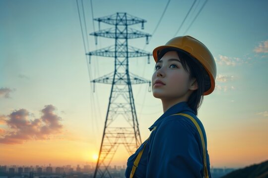 Female engineer. A woman engineer in a hard hat and uniform stands near a high-voltage power line tower.