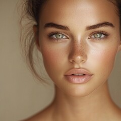 Fototapeta premium Professional Headshot of a Beautiful Woman Applying Moisturizer, Soft and Natural Glow