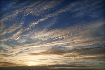Cirrus and fleecy clouds, altocumulus, in the evening sky, Germany, Europe
