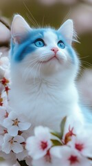 Blue-eyed cat surrounded by beautiful cherry blossoms in spring