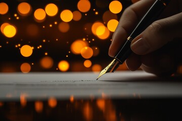 Hand writing with a fountain pen on paper surrounded by shimmering golden lights in a warm ambiance