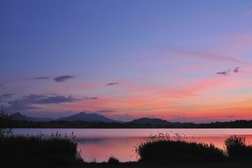 Sunset at lake Hopfensee, near Füssen, Ostallgäu, Allgäu, Upper Swabia, Swabia, Bavaria, Germany, Europe