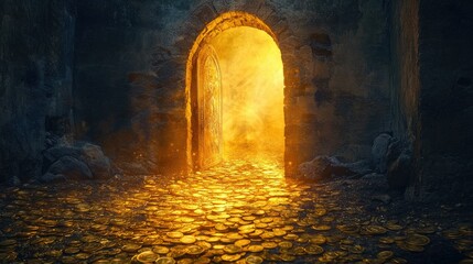Fototapeta premium An ancient arched stone doorway leading to a glowing path of gold coins, illuminated by soft golden light, mysterious and magical