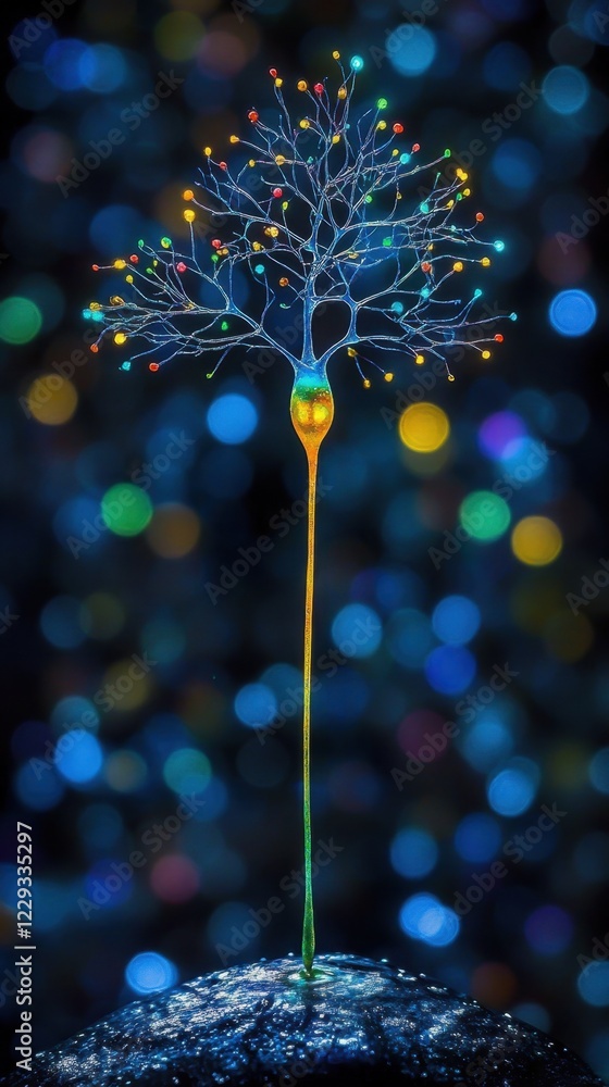 Poster colorful tree with glowing branches on a dark, bokeh background