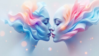 Abstract artwork with flowing colors and kissing human silhouettes.