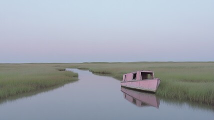 Abandoned Pink Boat in Serene Marshland at Dusk with Calm Waters and Pastel Sky Reflections