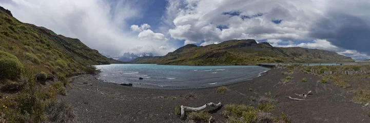Panoramic view of Lago Nordenskjöld, Lake Nordenskjöld, in front of the mountains Cuernos del Paine in the Torres del Paine National Park, Magallanes Region, Patagonia, Chile, South America, Latin America, America, South America