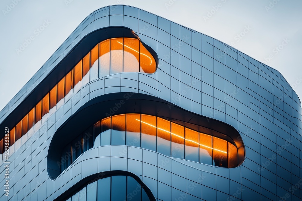 Poster unique architectural design featuring modern curves and glowing orange windows during twilight in an