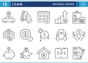 A set of line icons related to Loan. Debt, money, interest rate, piggy bank, saving, annual, finance, time, and so on. Vector editable stroke.
