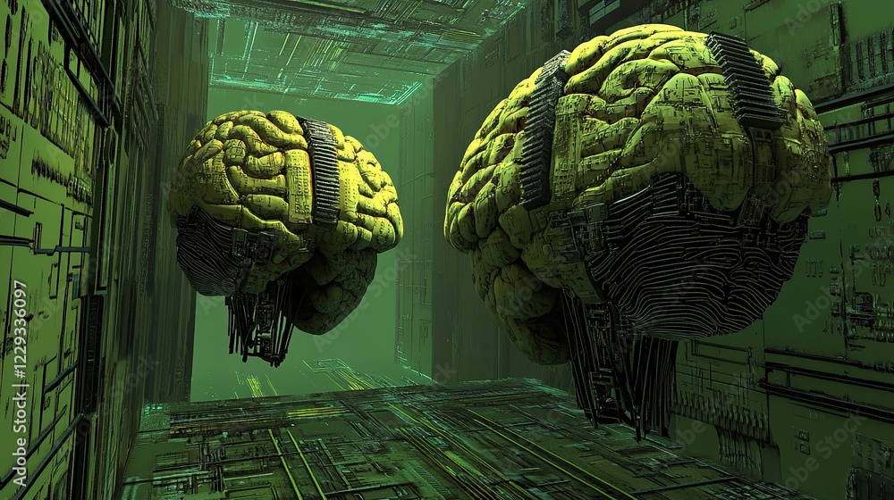 Poster big data and s: human brain lit by a processor, merging human and machine learning. tech evolution