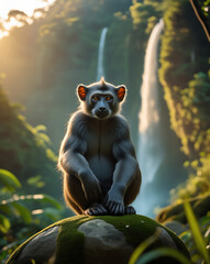 Obraz premium Langur on its habitat, Papua Forest, extinct animal sunset, tropical forest, river, created by generative ai