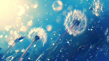 Beauty in nature closeup dandelion seeds blowing with meadow background, Conceptual Abstract Image. Fantasy Flower Art. Creative Wallpapers. Beautiful Nature. Water droplets.