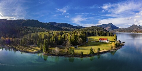 Obraz premium Drone shot, Walchensee surrounded by foothills of the Alps, Upper Bavaria, Bavaria, Germany, Europe