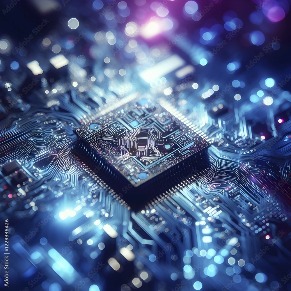 Poster illustration of a ai microchip processor with circuit board and other electronic components. ai gene