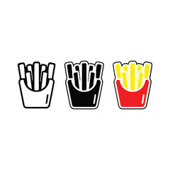 French Fries Icon Set, Line, Black and White, and Color Vector Illustration