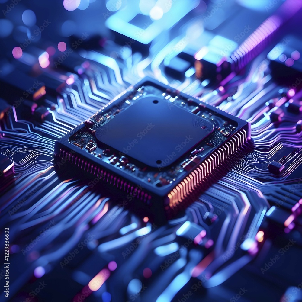 Poster illustration of a ai microchip processor with circuit board and other electronic components. ai gene
