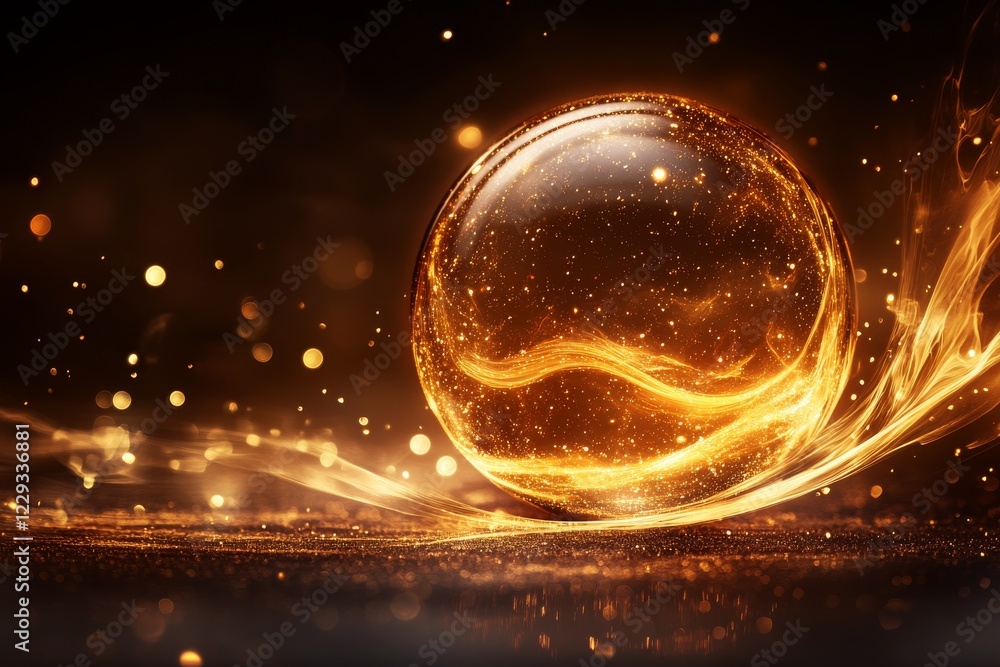Poster glowing sphere surrounded by luminous trails and sparkling particles creates a magical atmosphere at