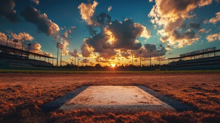 Baseball field at dusk captured from a low angle, emphasizing the home plate, stadium backdrop, and vibrant, cloudy sky.