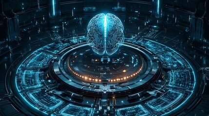 A high-tech AI brain design with pulsing lights, centered on a circular platform surrounded by intricate blue holographic patterns.