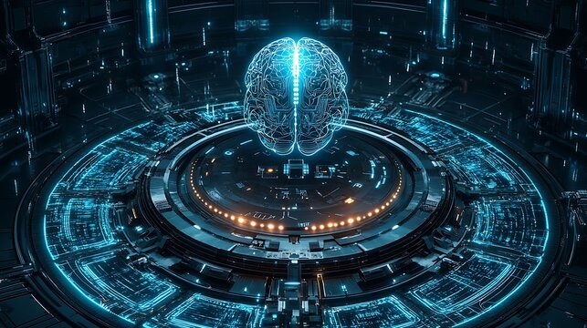 A high-tech AI brain design with pulsing lights, centered on a circular platform surrounded by intricate blue holographic patterns.