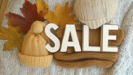 White letters spell 'SALE' surrounded by autumn leaves and knitted accessories on a cozy beige background, AI generated