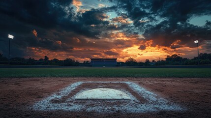 Baseball field shot from ground level, featuring home plate, the infield, and a distant stadium, with a dramatic dusk sky.