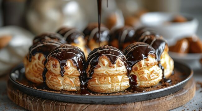 Succulent profiteroles on a wooden plate, generously drizzled with chocolate sauce and caramel, epitomizing a rich dessert, ai generated, AI generated