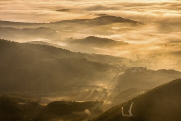 Obraz premium Aerial view, Mount Cucco, Monte Cucco in the Apennines at sunset, small village, Bastia, Marche and Umbria, Italy, Europe