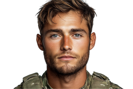 Closeup Portrait of a Young Man in Military Uniform Against a Bl