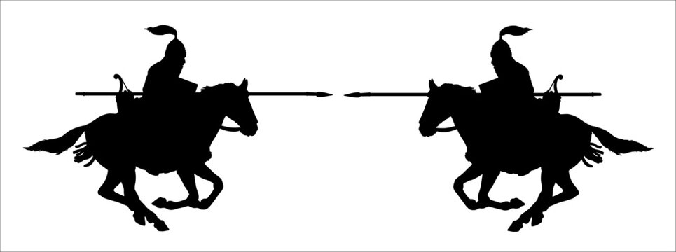 Vector silhouette of mounted warrior on attack. Historical illustration. Ancient rider.	