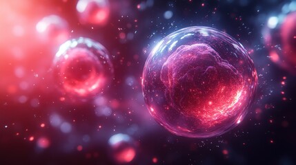 Glowing spheres, cosmic backdrop, energy, science