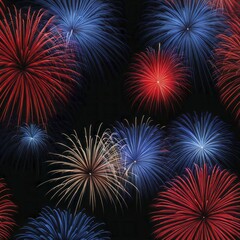 Fototapeta premium Bright red and blue fireworks bursting in the night sky during a celebration, AI generated