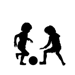 Vector silhouette of children playing soccer, isolated, grouped objects over white background