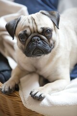 Young pug in his basket