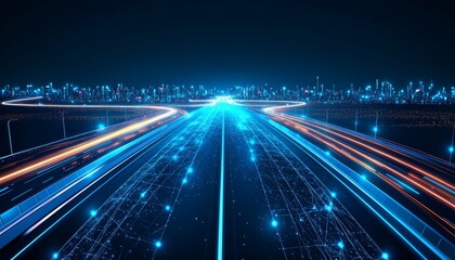 Futuristic Cityscape With Glowing Digital Network at Night, Connectivity and Technology Concept