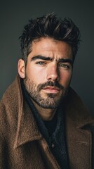 Fototapeta premium A fashionable man exudes confidence with his textured fringe hairstyle while wearing a stylish coat. The cozy yet dramatic backdrop enhances his modern aesthetic, perfect for urban street style