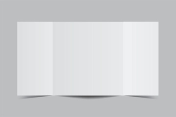Blank trifold open leaflet, three panel fold with shadows mockup template on background .Open booklet, thank you card, notecards, flyer, greeting card, wedding invitation, postcard, brochure. Vector
