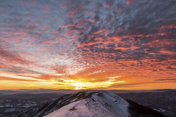 Winter sunset from Mount Nerone, Monte Nerone, Apennines, Marche, Italy, Europe