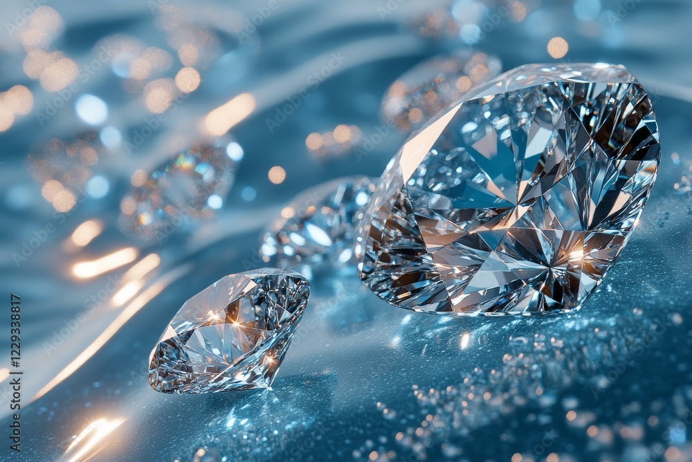Poster brilliantly cut diamonds rest on a shimmering surface reflecting light and colors in a soft environm