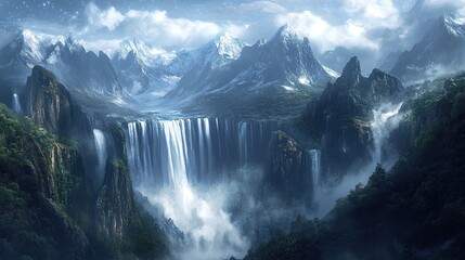 panoramic views of the highest waterfalls ,They give a sense of power,Mountains under a magnificent sky with Northern lights