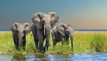 Obraz premium KI generated, animal, animals, mammal, mammals, biotope, habitat, three, elephant family, foraging, wildlife, Africa, african elephant (Loxodonta africana), water, river, bank, waters