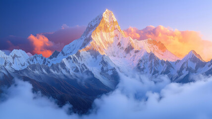 Obraz premium A breathtaking snow-covered mountain peak rises above the clouds, illuminated by golden sunset light, with dramatic skies creating a stunning alpine landscape.